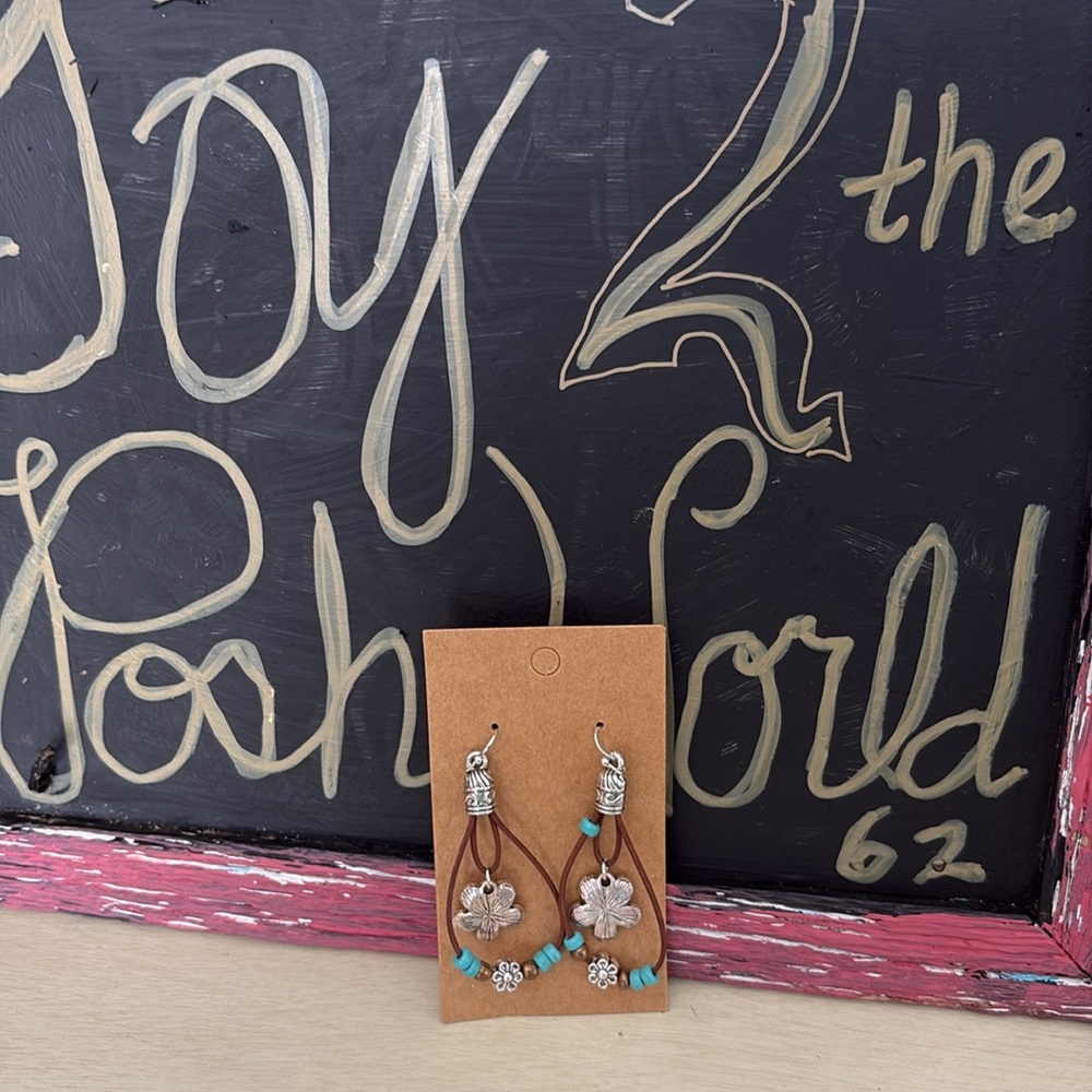 Artisan Silver and Turquoise Floral Earrings with leather accents - Picture 2 of 4